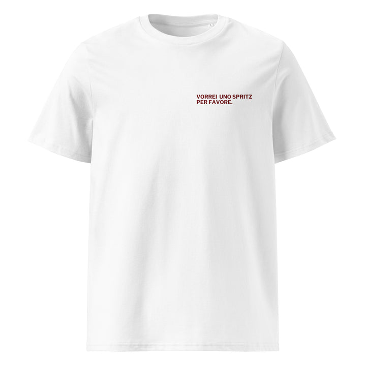 Tequila & Sunrise presents the Uno Spritz Per Favore Organic Cotton T-shirt, showcasing "VORREI UNO SPRITZ PER FAVORE" in small red letters on the upper chest and crafted with a commitment to sustainable fashion.