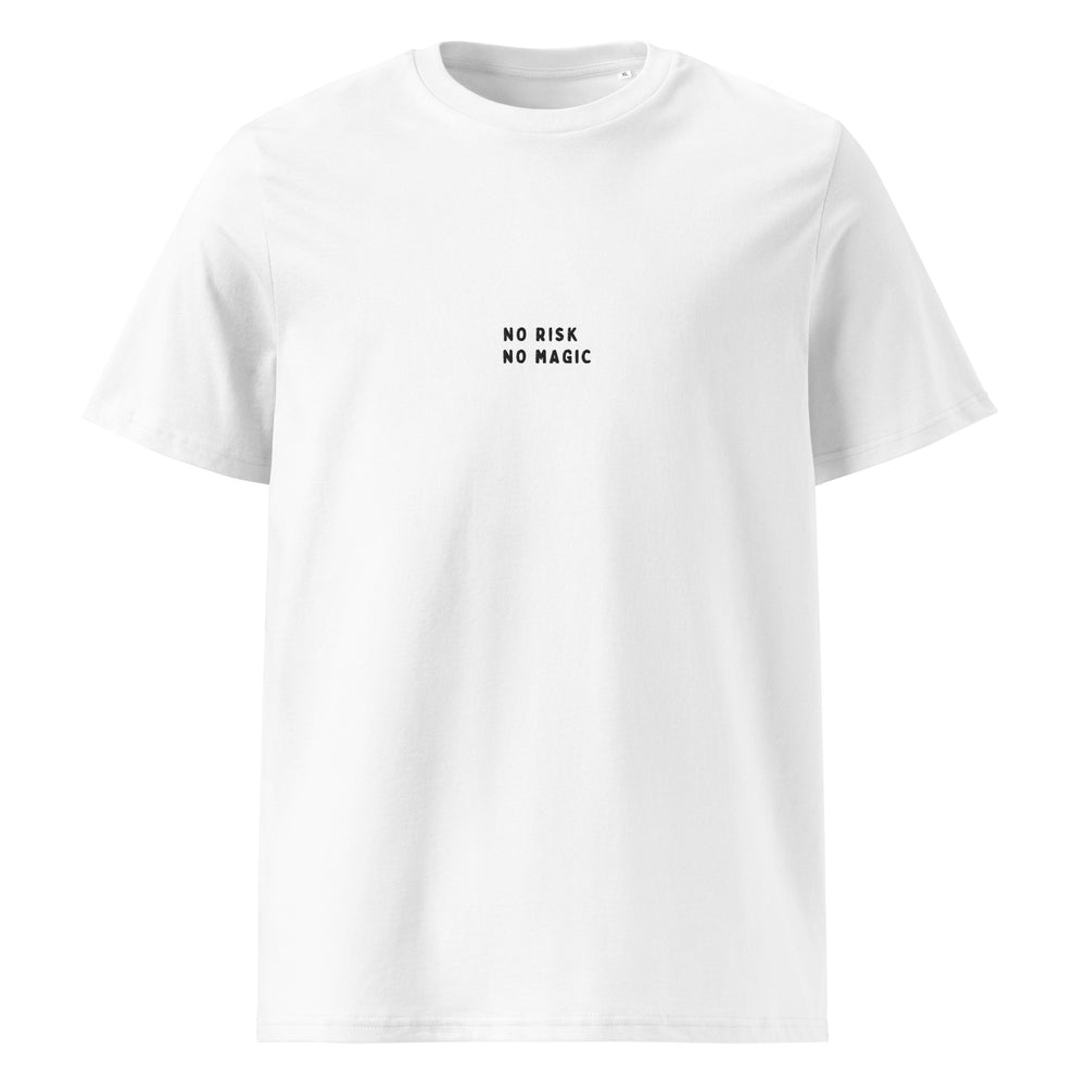 Unisex fashion and eco-friendly style converge in The No Risk No Magic Organic T-shirt by Tequila & Sunrise, featuring a minimalist "No Risk No Magic" print in small black letters on the chest of its white organic cotton fabric.