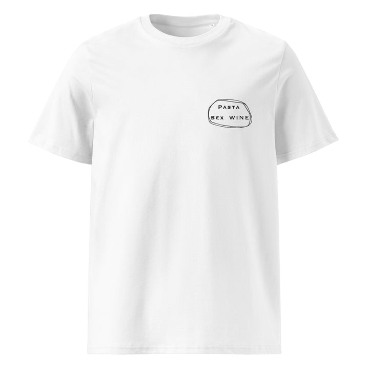 Introducing The Pasta & Sex & Wine Organic T-shirt by Tequila & Sunrise: An exquisite white T-shirt crafted from organic cotton, featuring a unique small circular embroidery design on the chest emblazoned with the words PASTA SEX WINE in bold black text.