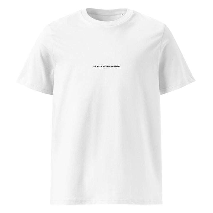 White organic T-shirt from Tequila & Sunrise, featuring the text "LA VITA MEDITERRANEA" centered on the chest, crafted from eco-friendly materials.