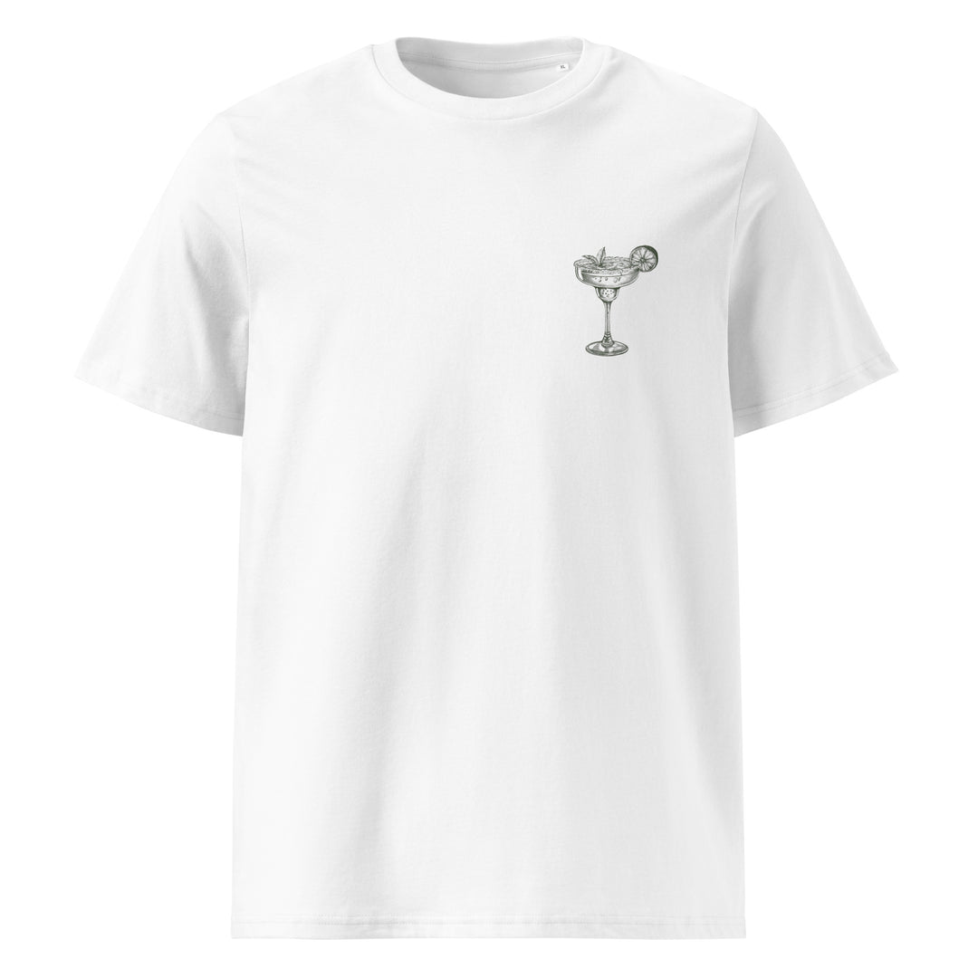 Experience eco-friendly fashion at its finest with The Mamacita Needs a Margarita Organic T-shirt by Tequila & Sunrise. This white T-shirt is crafted from organic cotton and showcases a small graphic of a cocktail glass and drink garnish on the chest, making it the perfect unisex choice for any casual occasion.