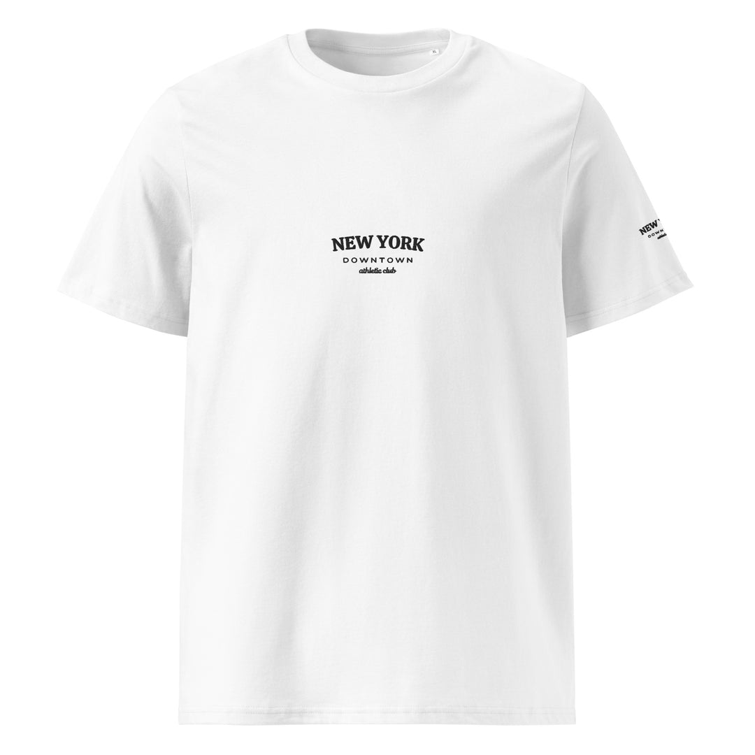 Tequila & Sunrise presents The New York Downtown Athletic Club Organic T-shirt, an eco-friendly unisex shirt crafted from organic cotton. It showcases "New York Downtown" in bold black lettering on the front and offers a medium fit for a versatile, athletic look.