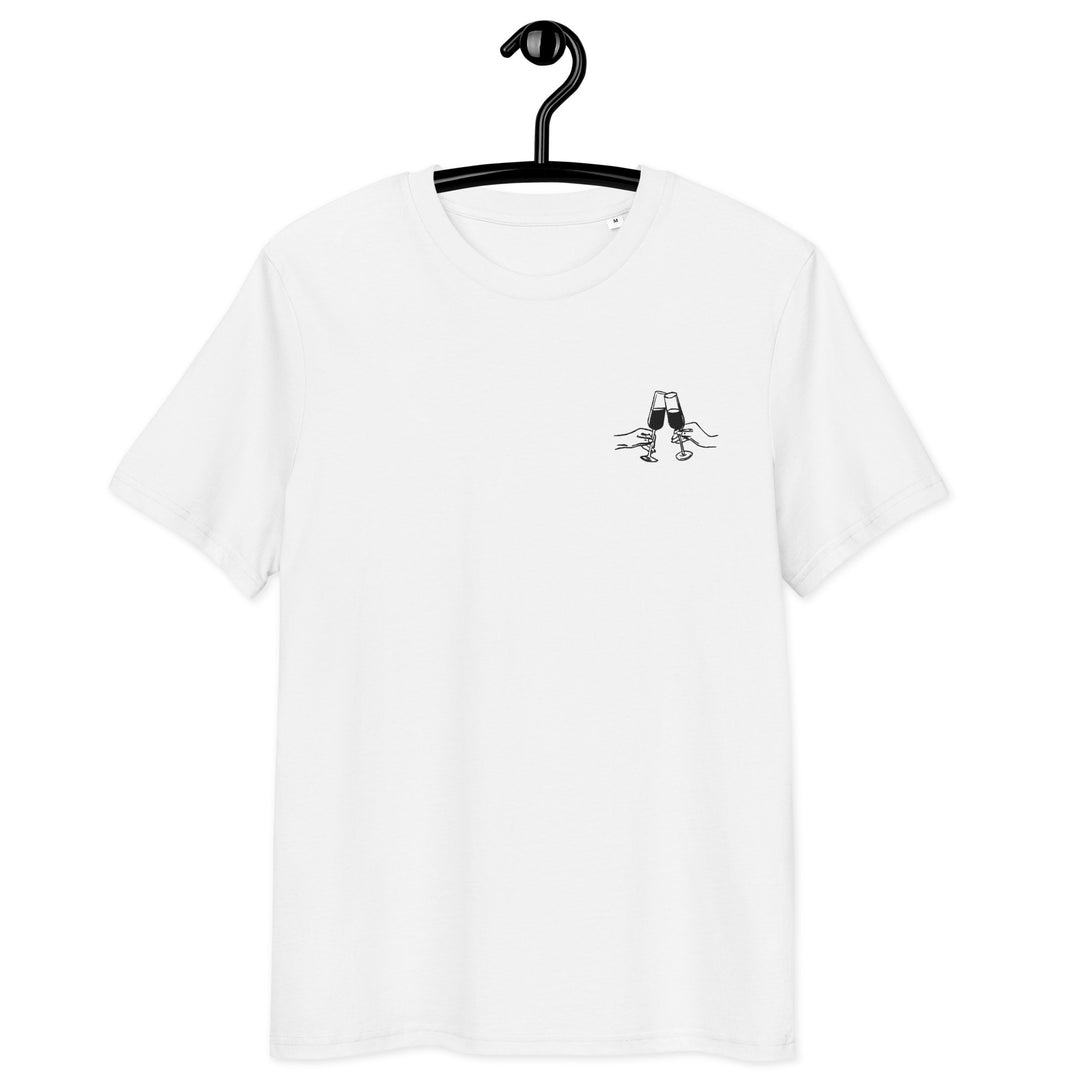 La Dolce Vita Organic T-shirt displayed on a hanger, featuring a minimalist design in a soft, eco-friendly fabric.