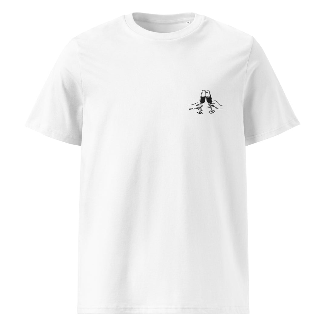 Experience unisex fashion and sustainability with The La Dolce Vita Organic T-shirt by Tequila & Sunrise. Made from organic cotton, this white tee features a unique small black sketch of two sticks with hands holding a glass on the chest, making it an ideal choice for eco-conscious individuals.