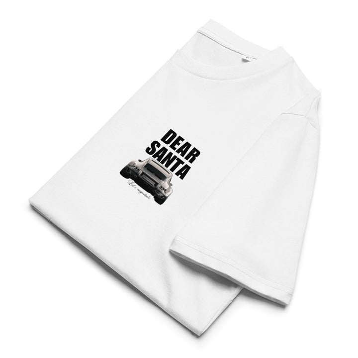 The Dear Santa Organic T-shirt from Tequila & Sunrise is a unisex white tee, featuring a "Dear Santa" text and a car image on the front, made from organic cotton for an eco-friendly option.