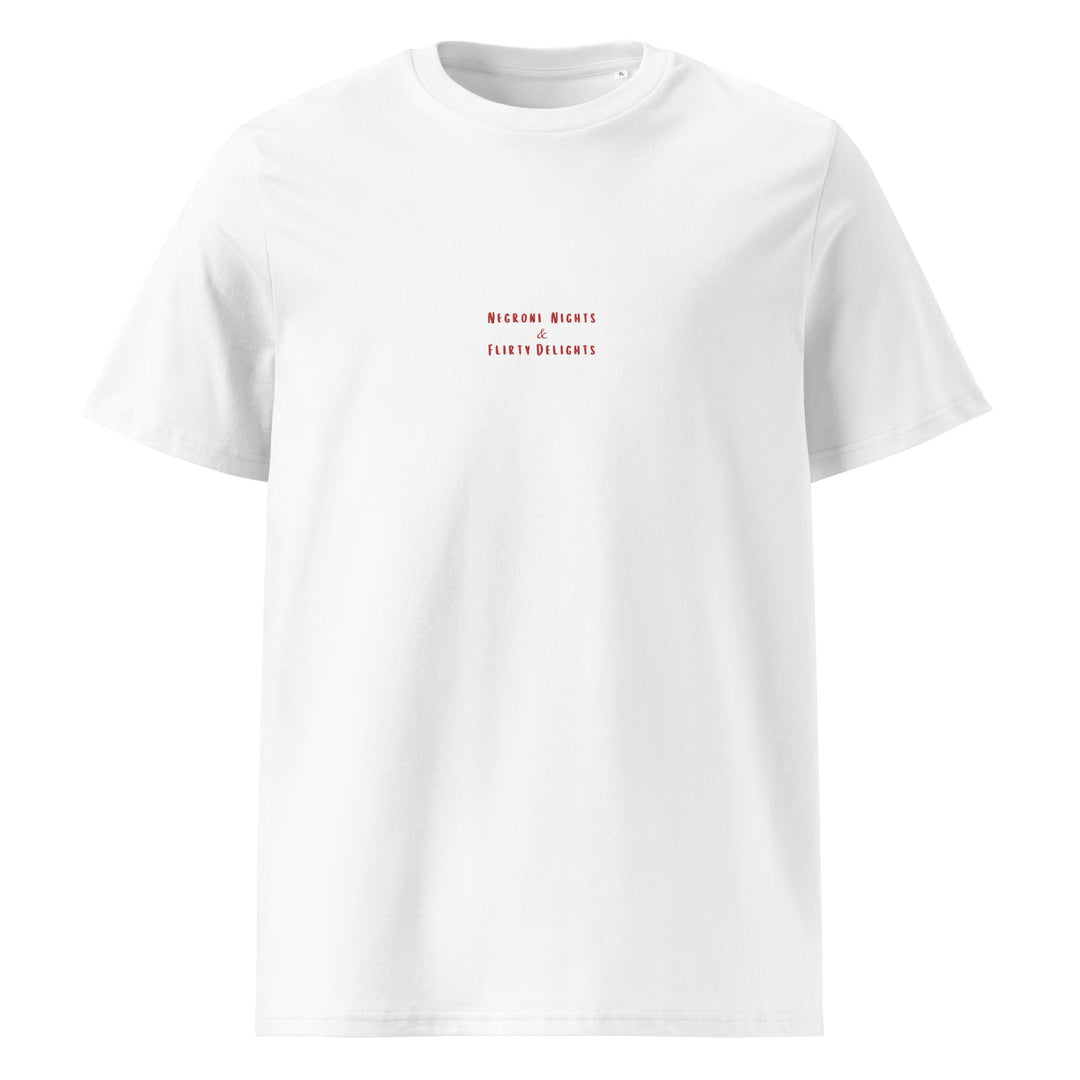 Unisex T-shirt in white, made from organic cotton, showcasing "Negroni Nights & Flirty Delights" in small red text at the center. By Tequila & Sunrise.