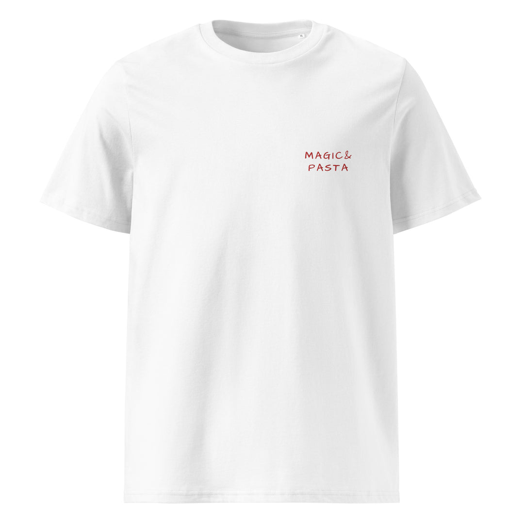 The Magic & Pasta Organic T-shirt by Tequila & Sunrise showcases "MAGIC & PASTA" in small red letters on the upper left chest. Made from eco-friendly organic cotton, this t-shirt provides a sustainable and stylish choice for everyday wear.