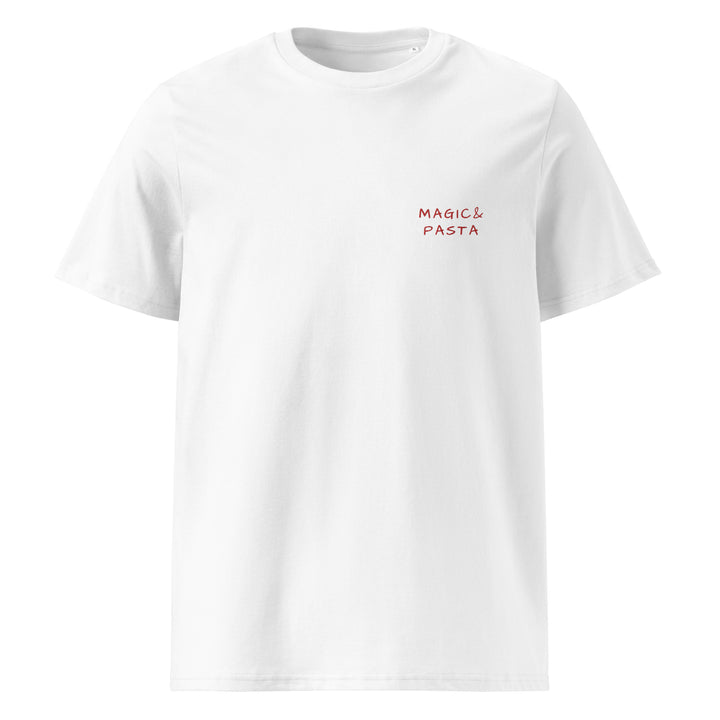 The Magic & Pasta Organic T-shirt by Tequila & Sunrise showcases "MAGIC & PASTA" in small red letters on the upper left chest. Made from eco-friendly organic cotton, this t-shirt provides a sustainable and stylish choice for everyday wear.