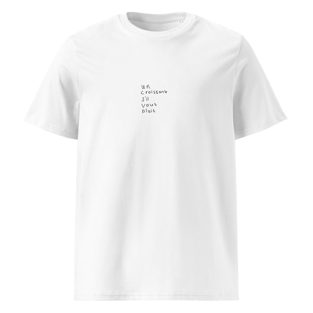 Un Croissant S’il Vous Plait Organic T-shirt in white featuring minimalist design and French text.