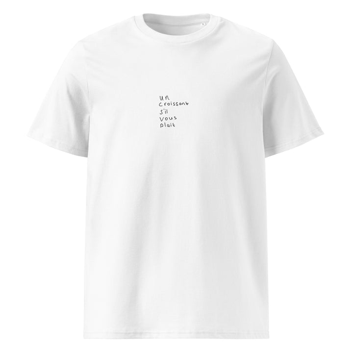 Un Croissant S’il Vous Plait Organic T-shirt in white featuring minimalist design and French text.