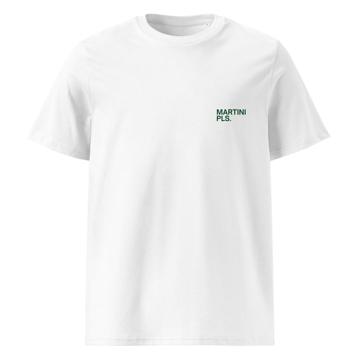 Martini Please Organic T-shirt featuring elegant green embroidered text 'MARTINI PLS.' on a white background.