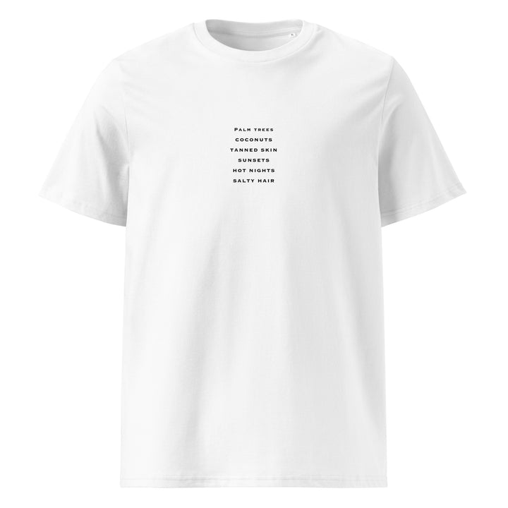 Summer Nights Organic T-shirt featuring a white design with words like 'Palm Trees' and 'Salty Hair' for a summer vibe.