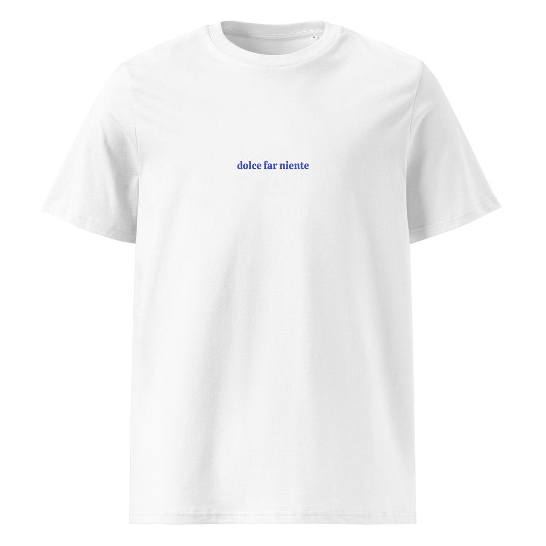 Dolce Far Niente Organic T-shirt in white with blue text, showcasing the phrase dolce far niente.