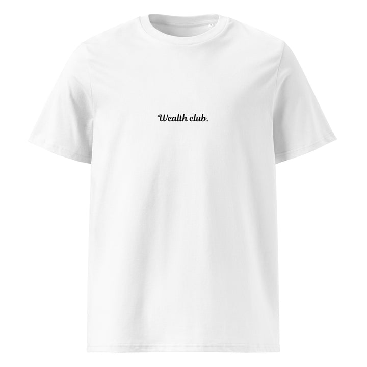 Wealth club. graphic printed white unisex t-shirt showcasing a minimalist design.