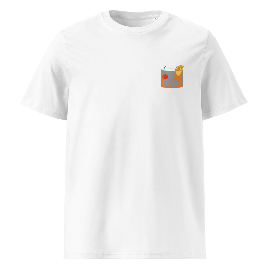 Old Fashioned Glass Organic T-shirt featuring a pocket design with a cocktail illustration.