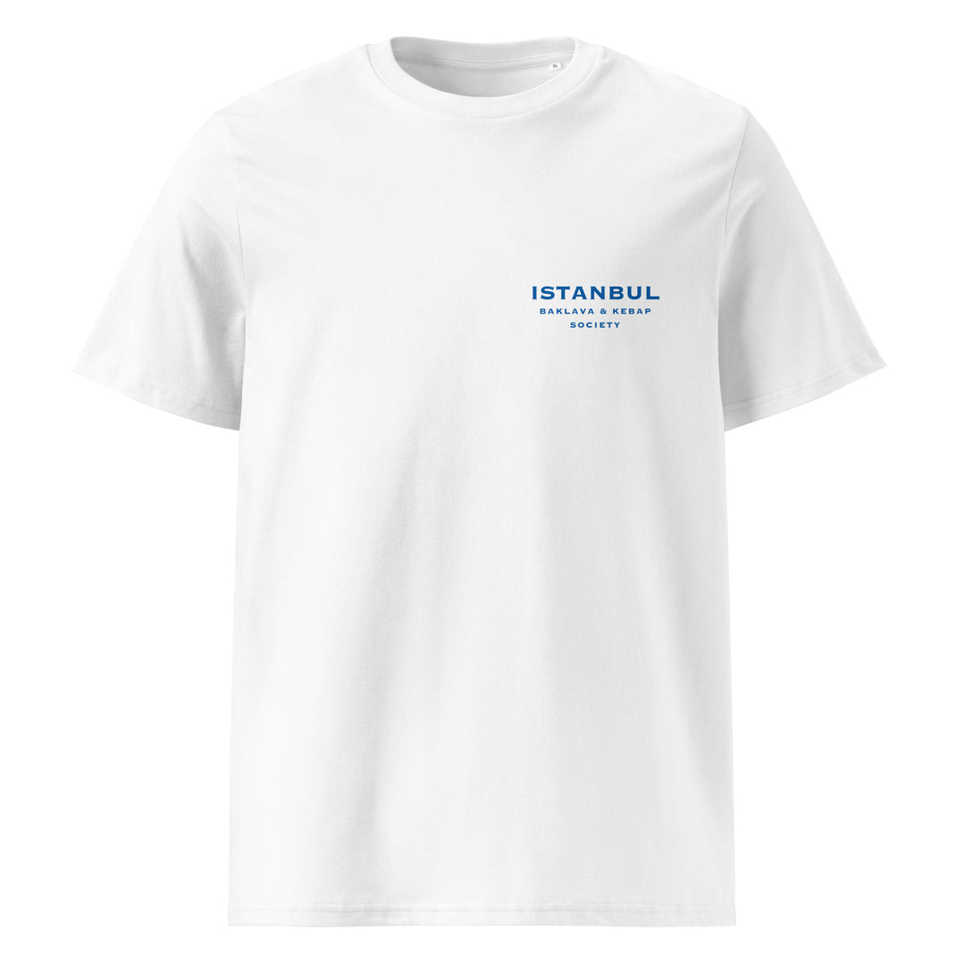 Istanbul Baklava & Kebab Society Organic T-shirt in white with blue text design.