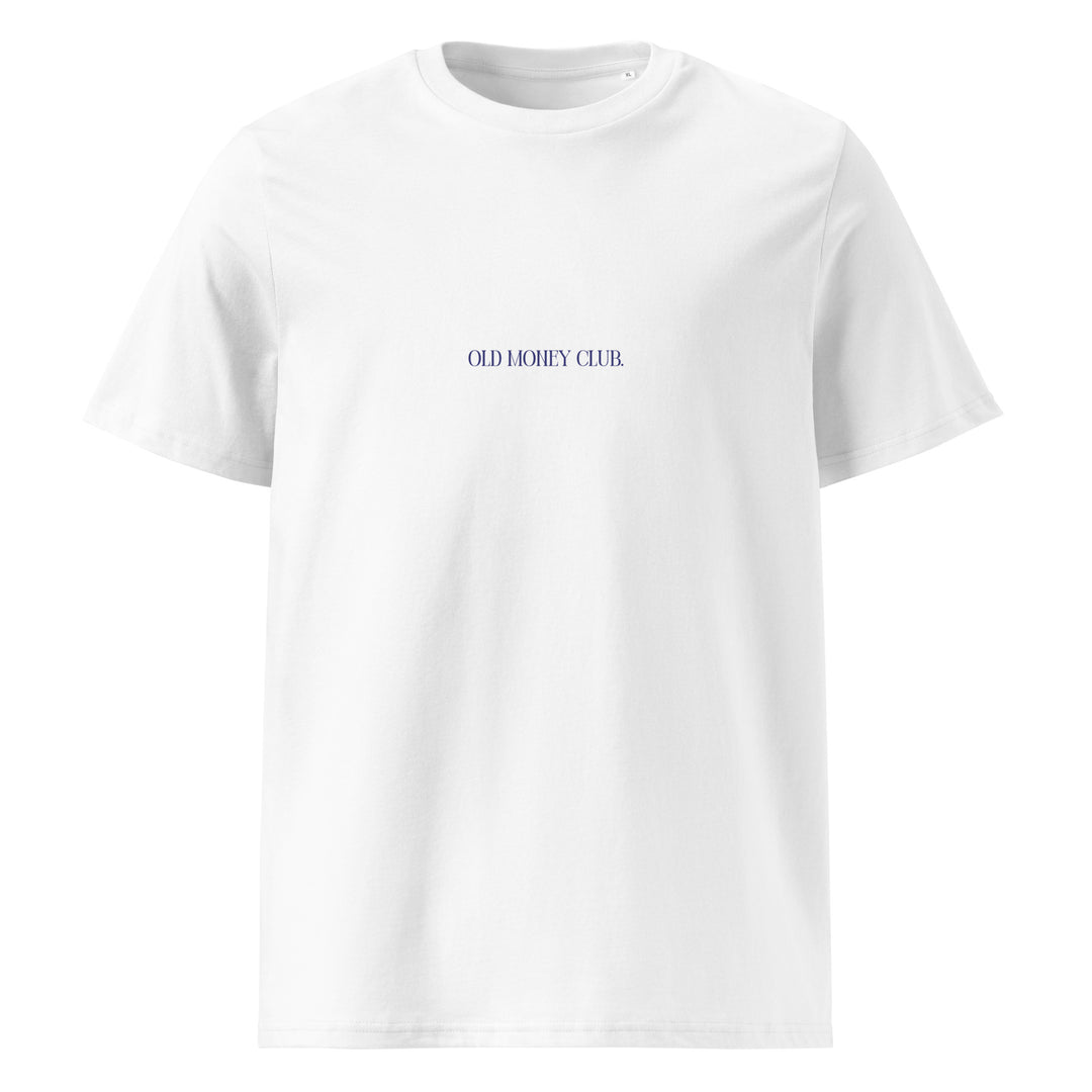 Old Money Club Organic T-shirt displayed in white with blue text, made from 100% organic cotton.