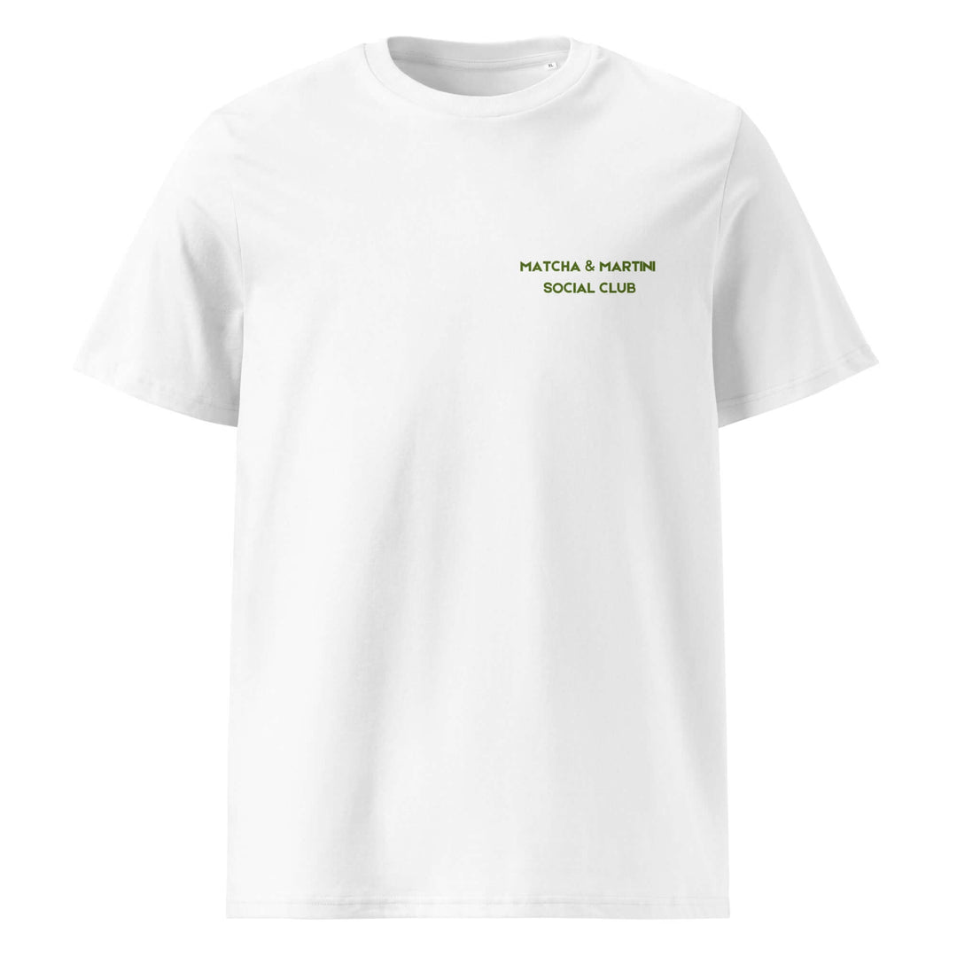 White t-shirt with 'Matcha & Martini Social Club' text on a white background