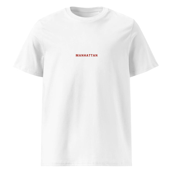 Manhattan Organic T-shirt in white featuring the word 'MANHATTAN' on the front, made from 100% organic cotton.