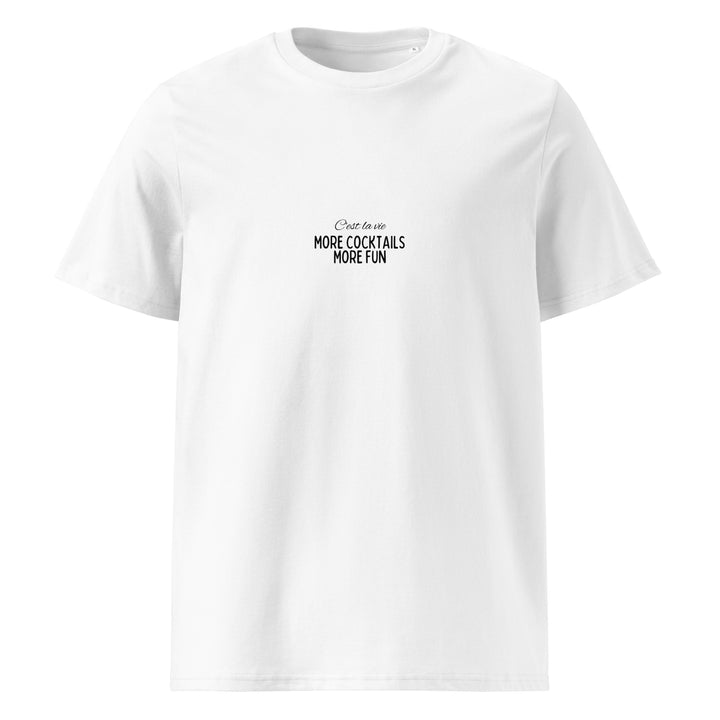 More Cocktails More Fun Organic T-shirt displayed on a white background, showcasing its eco-friendly design and comfy fit.