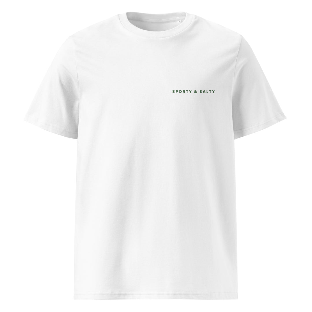 Sporty & Salty Organic T-shirt in white, featuring a minimalist design with the text 'SPORTY & SALTY' in green.
