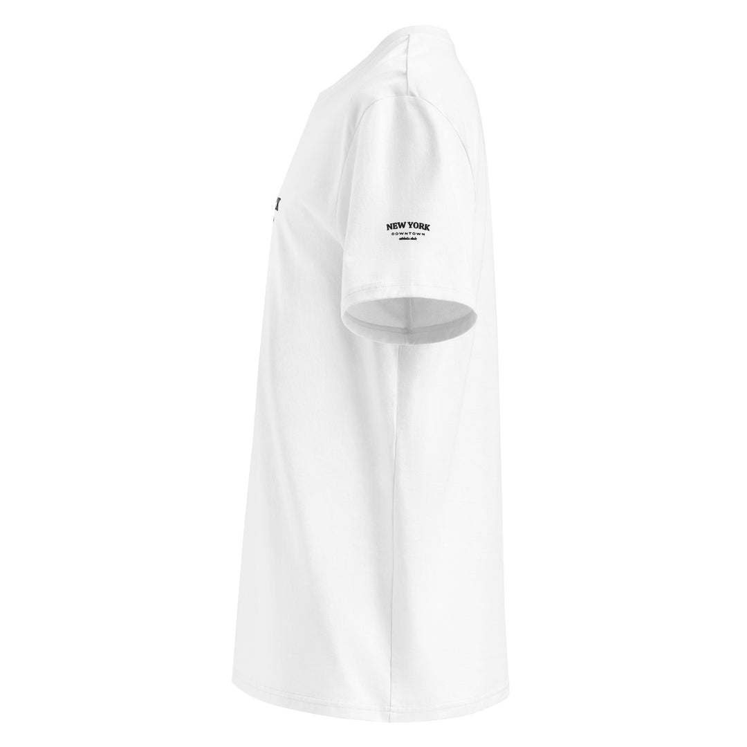 New York Downtown Athletic Club Organic T-shirt side view in white, made of 100% organic cotton, eco-friendly and comfy.